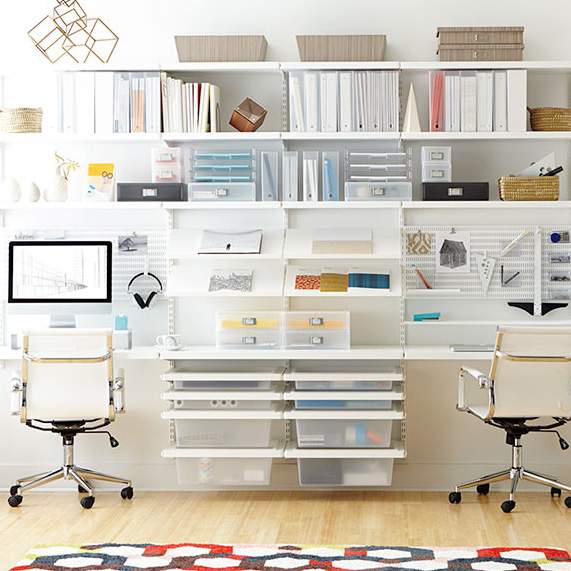 elfa storage system in home office.