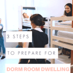 group of college coeds in a dorm room. Text overlay "3 steps to prepare for dorm room dwelling".