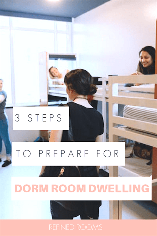 co-eds moving into a dorm room together - Text overlay "3 steps to prepare for dorm room dwelling".