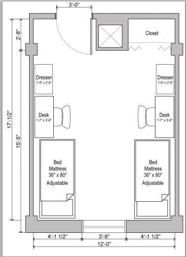 Sketched Layout of typical dorm room.