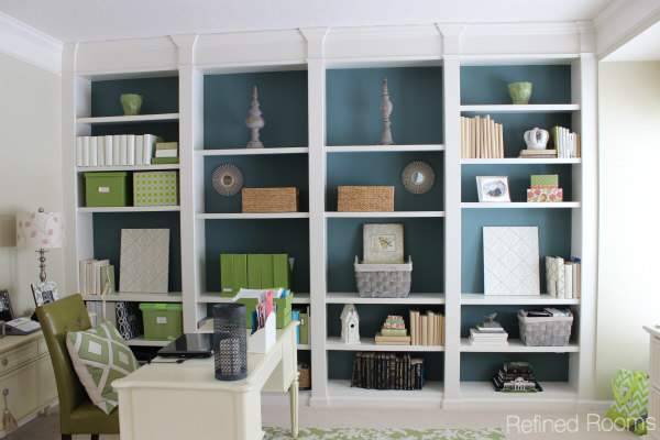 newly painted built in bookshelves in a home office makeover.