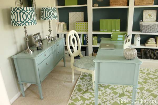 file console and matching office desk painted with blue chalk paint in a home office.