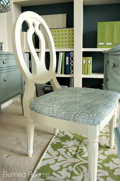 reupholstered office chair in home office makeover.