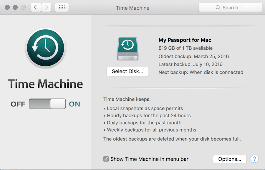 screenshot of Mac Time Machine computer backup software interface.