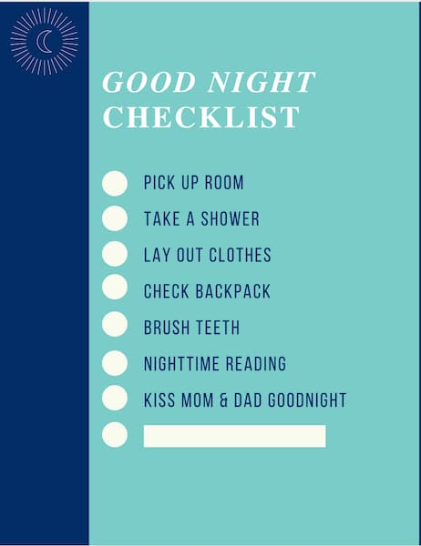 printable evening routine checklist for kids.