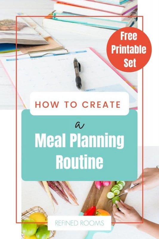 meal planning printable on clip board and woman chopping vegatables - text "How to Create a Meal Planning Routine".