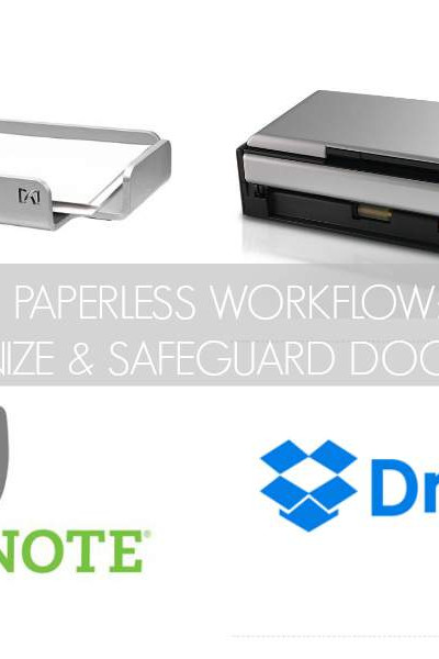 Scanner and paper tray with text overlay "Paperless Workflow" and Evernote and Dropbox logos