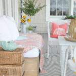 repurpose baskets by stacking them to create a side table.