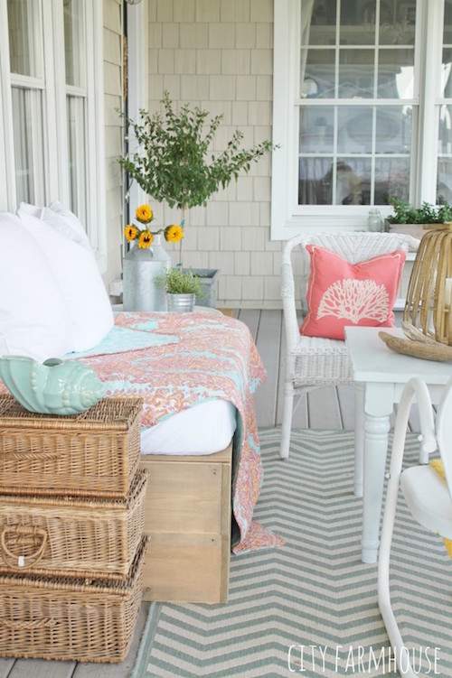 repurpose baskets by stacking them to create a side table.