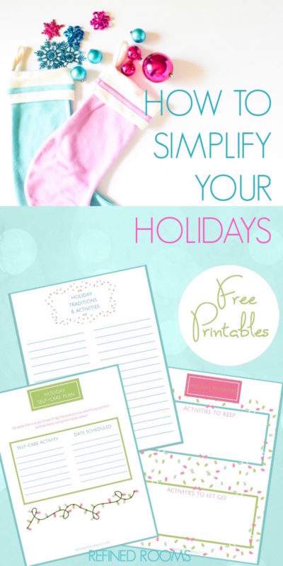pastel Christmas stockings and ornaments + screenshot of holiday planning printables - text "How to simplify your holidays".