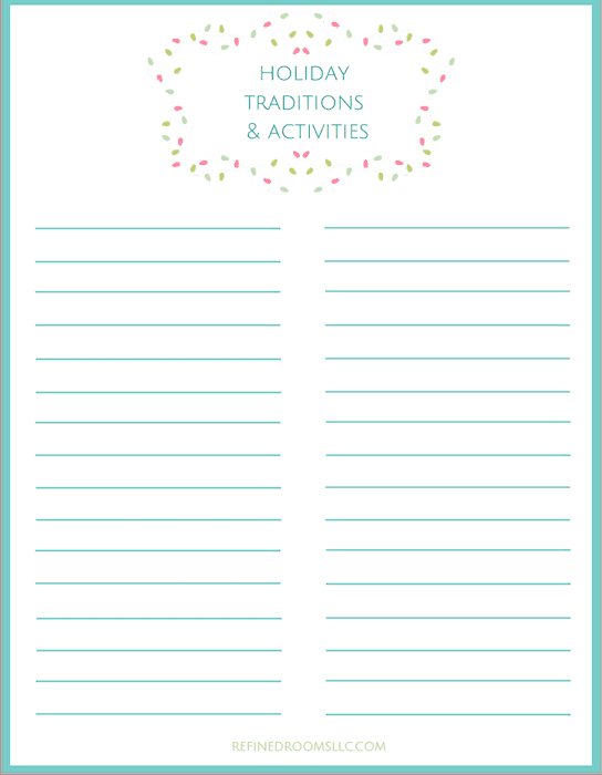 screenshot of Holiday Traditions and Activities worksheet.