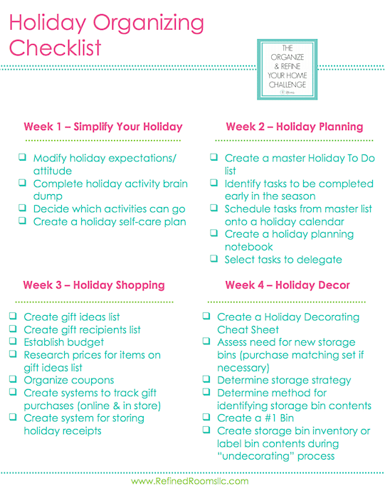 screenshot of Holiday Organizing Checklist for each of 4 weeks.