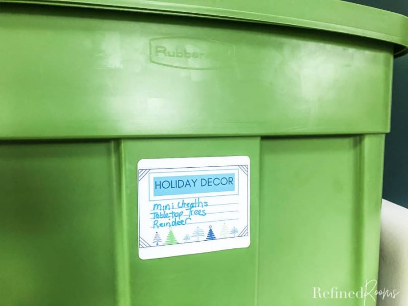 Holiday decor storage bin with label.