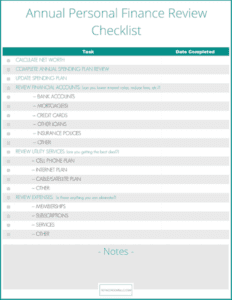 screenshot of Annual Personal Finance Review checklist printable.