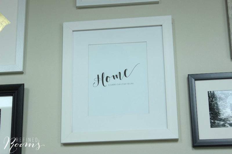 Framed photo fo typography print "home is where our story begins".