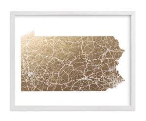 gold foil state map of Pennsylvania.