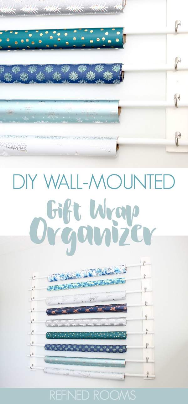 Are you a gift wrap junkie like me? Learn how to make this simple DIY gift wrap organizer that takes advantage of vertical space | #giftwraporganizer #giftwraporganization #DIYgiftwraporganizer #giftwrapstorage
