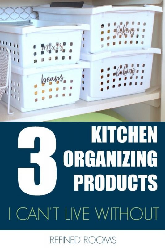 stacked baskets in kitchen pantry - text "3 kitchen organizing products I cant live without".