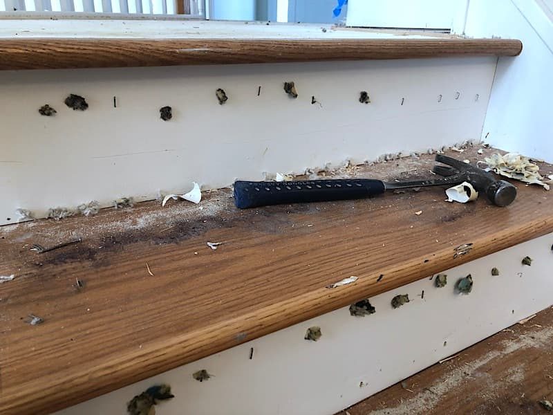 ripping up carpet on hardwood stairs and pulling out carpet staples.