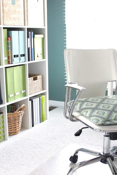 colorful home office with desk and Kallax storage cube