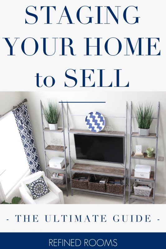 A staged great room. Text overlay "staging your home to sell: The Ultimate Guide"
