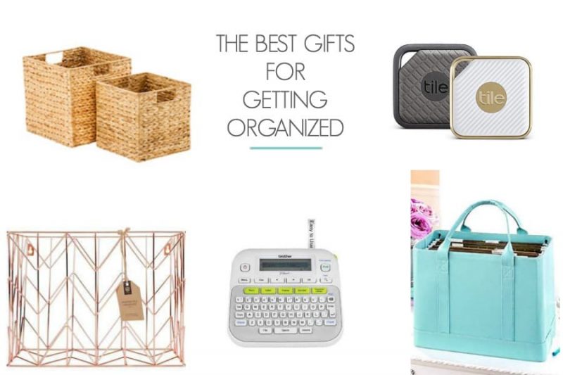 collage of organization products. Text overlay "the best gifts for getting organized".