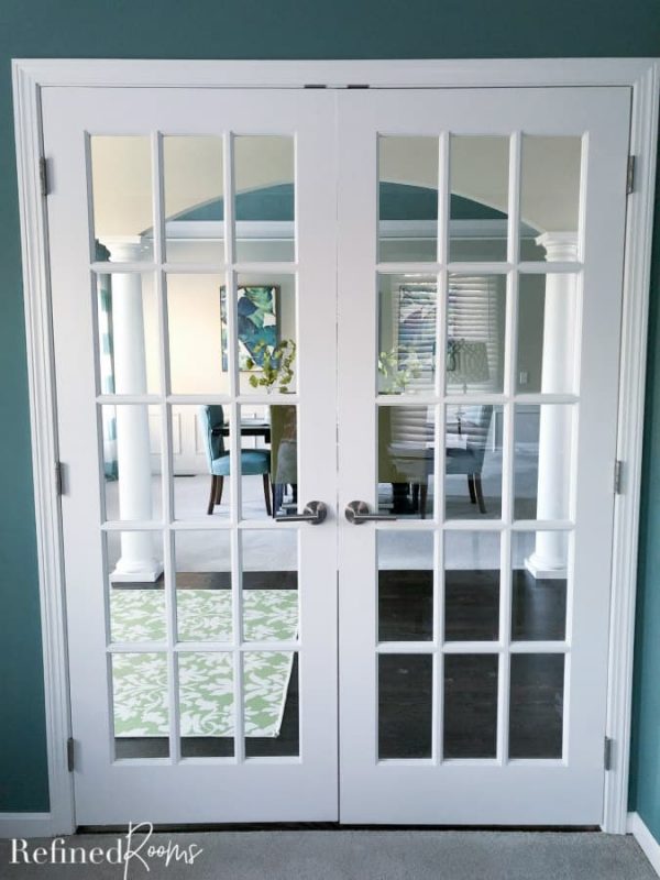 set of home office french doors with updated door levers - a stuck at home diy home project