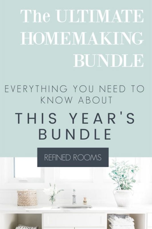 image of white bathroom. Text overlay "The Ultimate Homemaking Bundle - Everything you need to know about this year's bundle".
