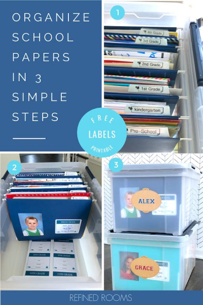 collage of file box containing organized school papers - text "organize school papers in 3 simple steps".