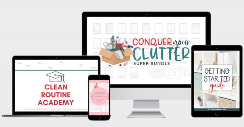 Conquer Your Clutter Super Bundle displayed across several devices.